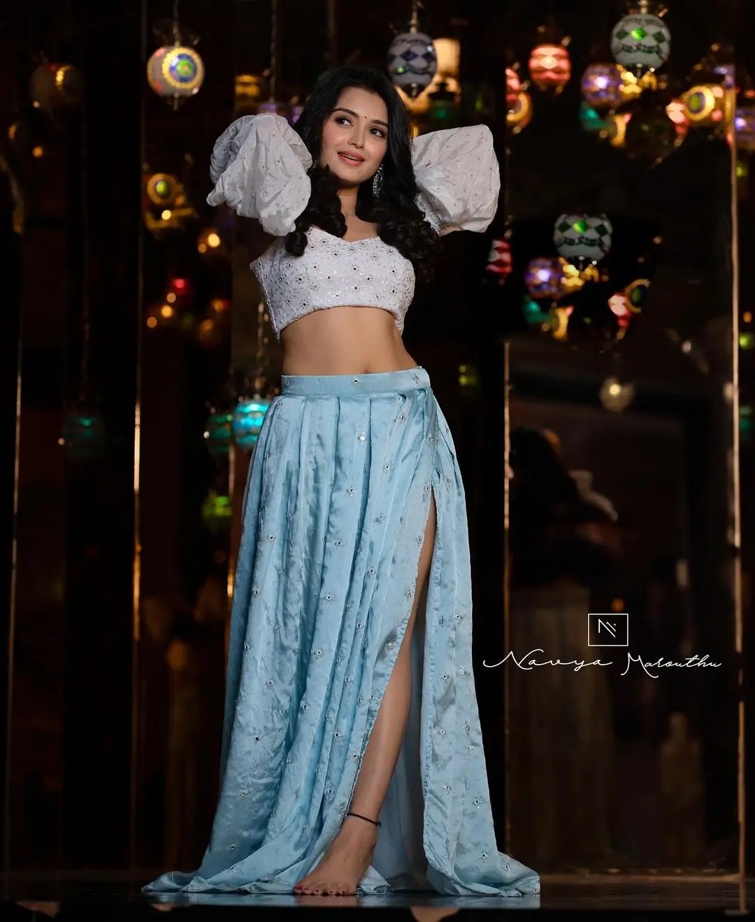 Maa TV Actress Priyanka Jain Long Legs Show in Mini Blue Skirt